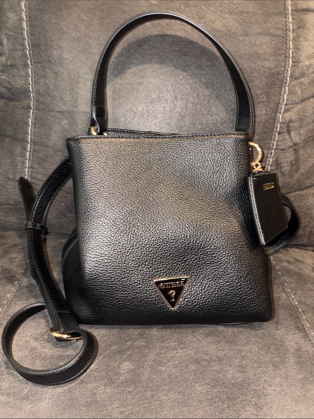 Guess Black Pebbled Leather Shoulder Bag with Gold Hardware